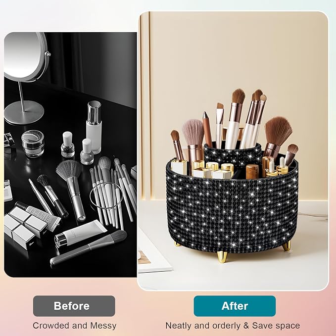 Diesisa Bling Diamond 360° Makeup Brush Holder Organizer, Rotating Makeup Brush Organizer,5 Slot Make up Brushes Cup for Cosmetics, Vanity Desktop Organizer, Gift for Women Teen Girls- Diamond Black
