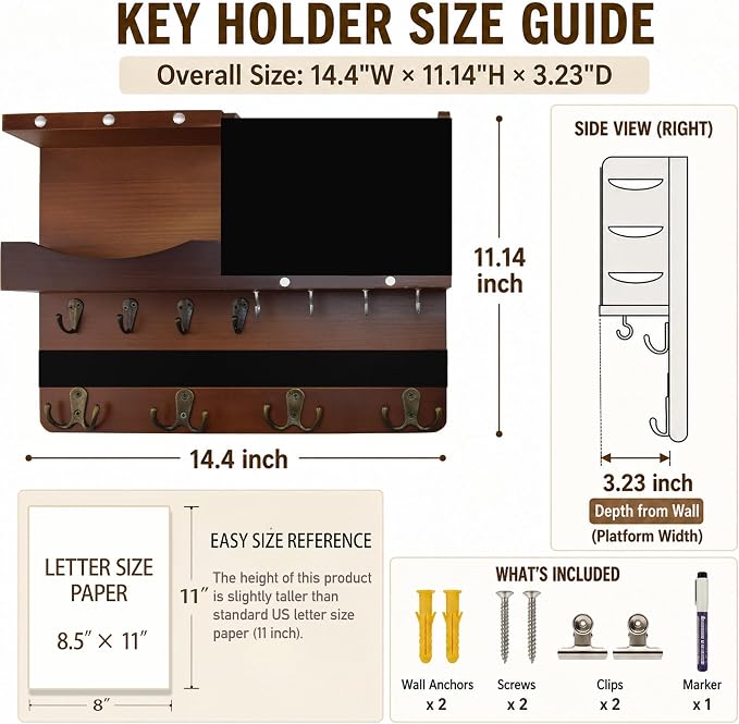 Key Holder for Wall Mount with Shelf and Mail Organizer, Key and Mail Holder with 16 Hooks, Farmhouse Entryway Organizer, Home Decor Rack(Pine Wood, Brown)