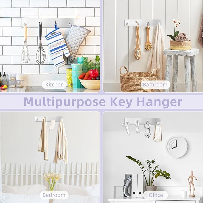 VIS'V Key Holder Wall Mount, Large Adhesive Key Hanger with 4 Hooks, Silver | Metal Material, No Drilling, Extra Adhesive Strip, Suitable for Entryway, Hallway, Doorway, Kitchen, Garage, Camper