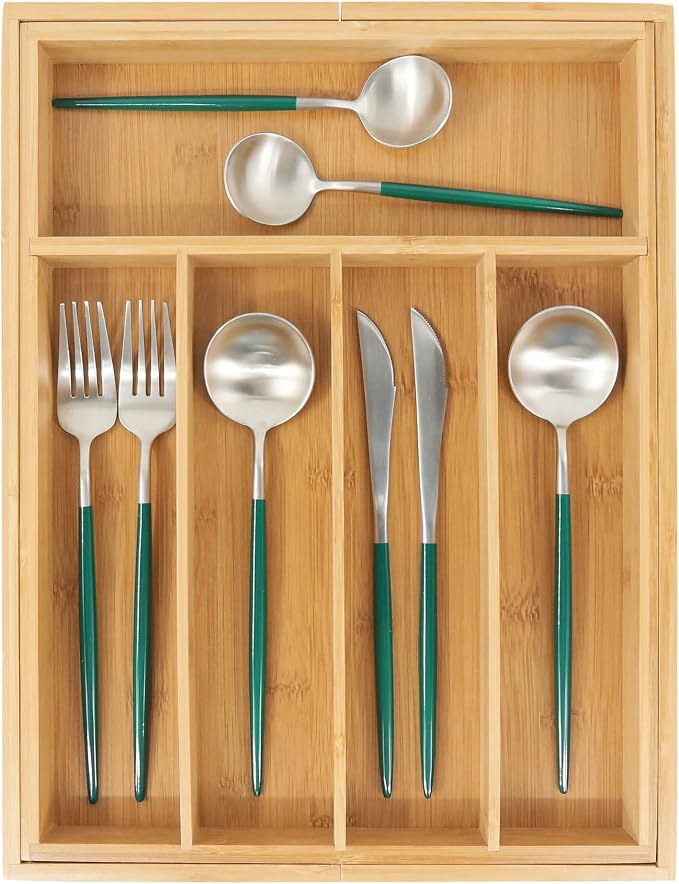 VaeFae Bamboo Drawer Organizer, Medium, Natural | Kitchen Utensil Holder, Multi-Function Drawer Storage，38 cm D x 29.2-45.7 cm W, 5-7 Slots, Natural