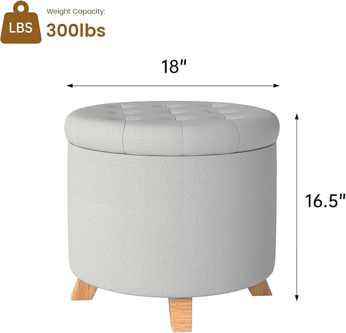 KROFEM 18" Round Storage Ottoman with Reversible Tray Top,Tufted Footrest Stool for Living Room,Bedroom or Office,Gray