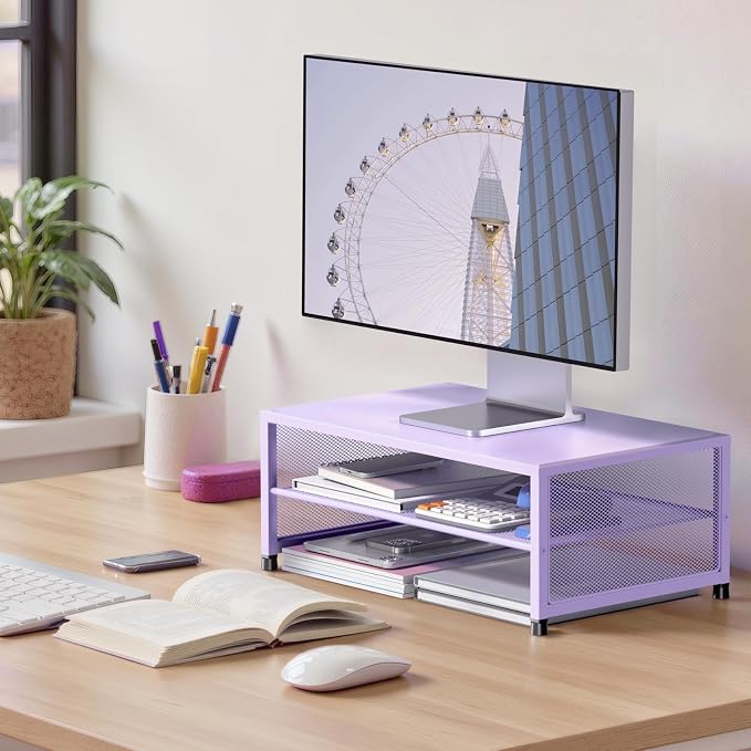 ECOLOVI 2-Tier Computer Monitor Stand Riser, Desk Organizer for Monitor, Printer & Laptop Stand, Desktop Workspace Organizers for Office Supplies(Purple)