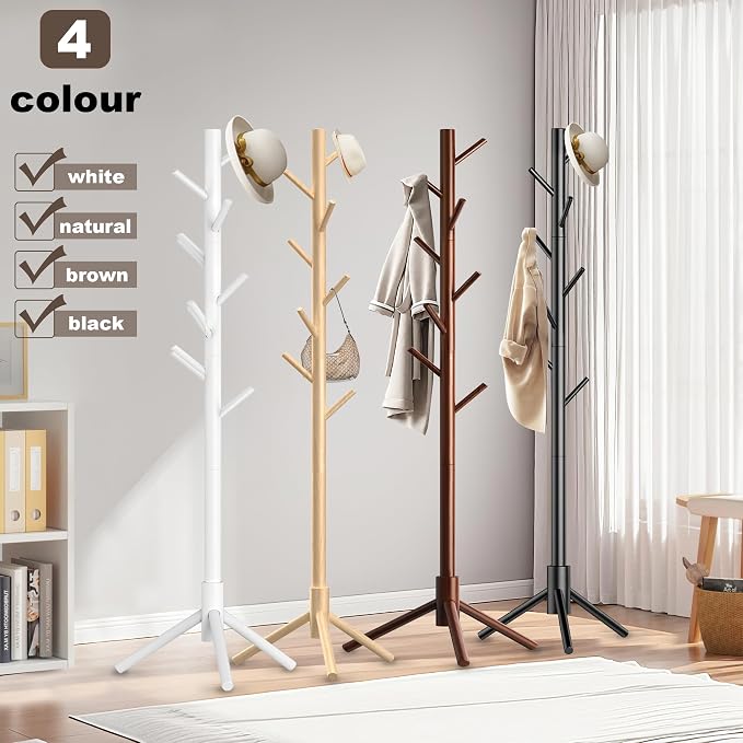 Aliphon Wooden Coat Rack Stand, Freestanding Coat Rack with 8 Hooks, 3 Adjustable Size Coat Tree for Hats, Coats, Scarves bags, Coat Hanger Stand Used in Bedroom/Office/Entryway,2 PCS (Black)