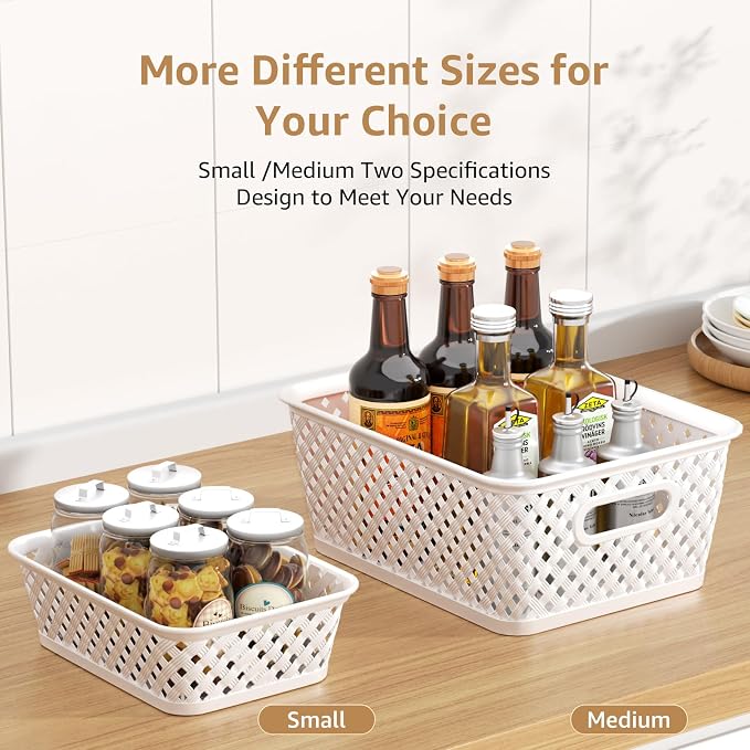 MaxGear 3 Pack Plastic Storage Baskets, Medium, White | Durable Woven Plastic with Built-In Handles, Suitable for Shelves, Closets, Cabinets, Bathrooms and Offices