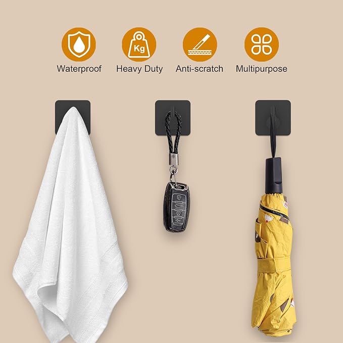 Honmein 6 Pcs Adhesive Wall Hooks for Hanging - Waterproof Shower Hooks | Heavy Duty Towel Hooks for Bathrooms, Kitchens, and Offices (Black)