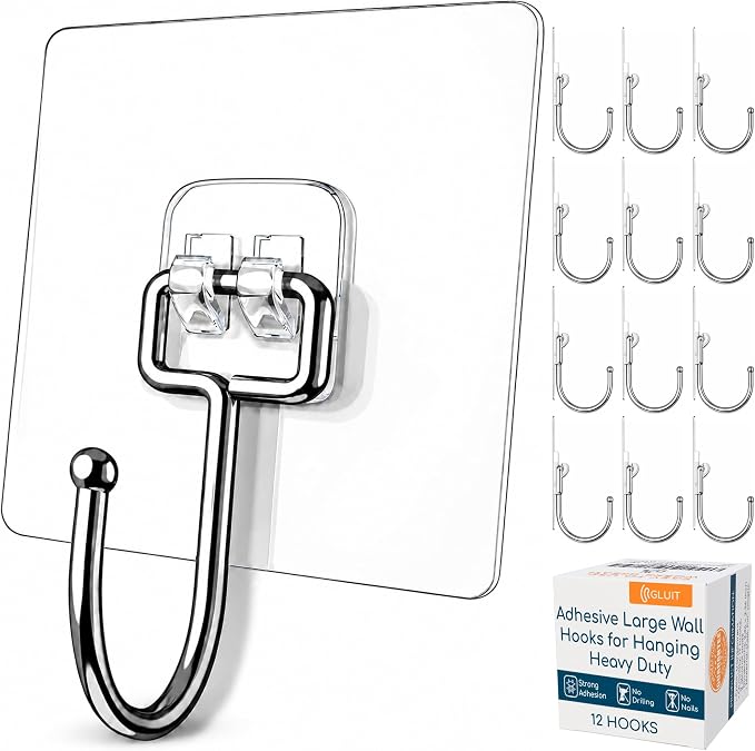 Adhesive Wall Hooks for Hanging, Heavy Duty No Drill, 22 lbs, 12 Pack | GLUIT Adhesive Wall Hooks for Hanging, Transparent Waterproof Sticky Towel Hook for Bathroom Kitchen Home Outdoor