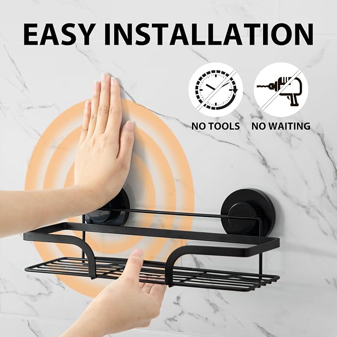 LEVERLOC 2 Pack Shower Caddy Suction Cup, Shower Shelves for Inside | Rustproof Bathroom Storage, NO Drill Bathroom Organizer, Heavy Duty Storage Basket, Black Shower Caddies, Metal Shower Shelf