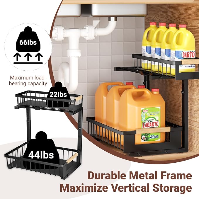 4 Pack L-Shape Under Sink Organizer, 2 Tier Pull Out Cabinet Organizer with 5-Level Adjustable Height, Double Sliding Metal Storage Rack for Kitchen Bathroom Pantry, Black