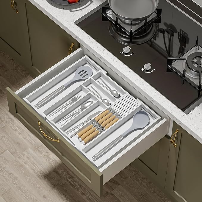Expandable Bamboo Silverware Drawer Organizer Kitchen Tray, White | Removable Knife Block, Holds 7 Knives, Adjustable Dividers, 12.6-21.45 x 16.3 x 2.13 in, Drawer Insert for Utensils, Forks