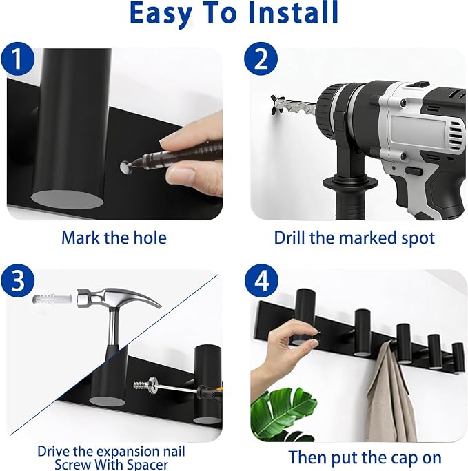 Matte Black Coat Rack Wall Mount - 5 Hooks, Heavy Duty Stainless Steel Wall Hooks for Towels, Coats, Robes, Bags, Hats, Keys, Wall Coat Hanger for Bathroom, Entryway, Kitchen, Hotel, Bedroom, Office