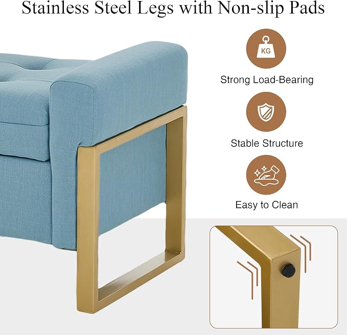 adochr 57" Storage Ottoman Bench, Upholstered End of Bed Bench, Light Blue | Metal Legs & Button-Tufted, Linen Ottoman with Storage 500 lb Capacity for Living Room, Bedroom, Entryway