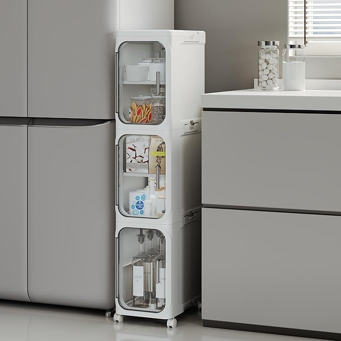 3-Tier Slim Bathroom Narrow Storage Cabinet with Wheels, White | Tool Free Assembly, Adjustable Shelves, Fits for Narrow Spaces, Reinforced Stability, Magnetic Clear Door