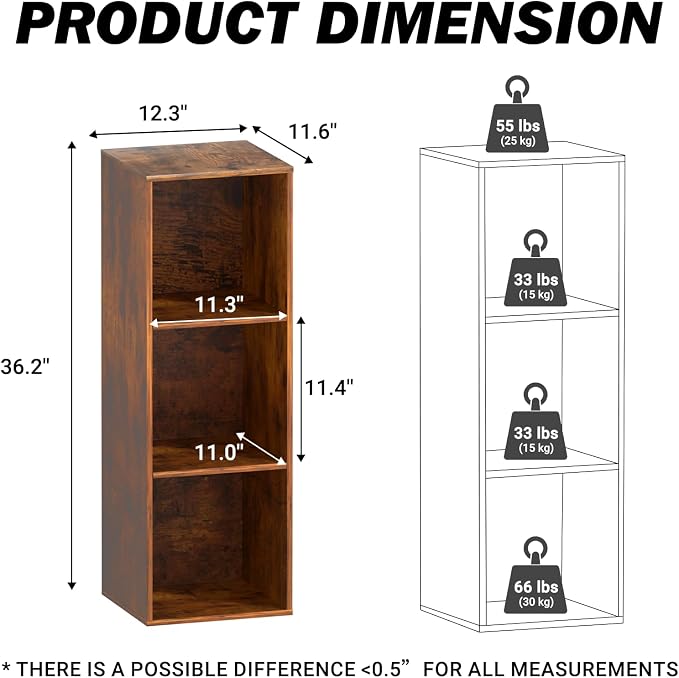 Cube Storage Organizer, 3 Cube Retro Bookshelf, Freestanding 3 Tier Open Shelf, Rustic Brown Retro Shelves for Home Office, Bedroom, Living Room, Study