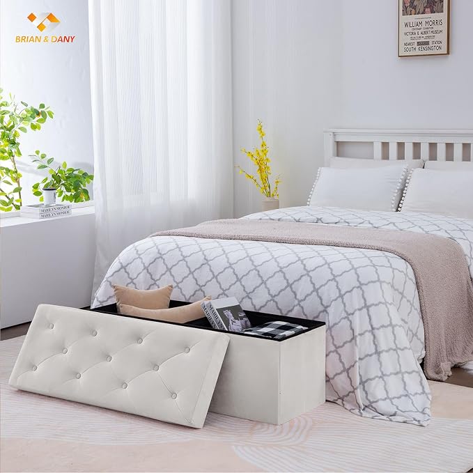 BRIAN & DANY 43 Inches Folding Storage Ottoman Bench, Velvet Ottoman with Storage for Living Room, Bedroom, Entryway, Ottoman Foot Rest, End of Bed Bench (White)