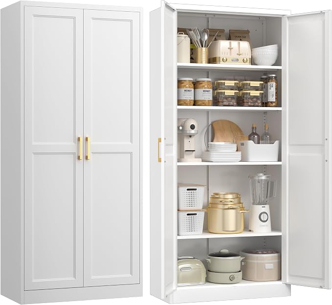 UNICOLY 71" Kitchen Pantry Cabinet, Metal Pantry Storage Cabinet with Doors | Tall Storage Cabinet with 4 Shelves, White Storage Cabinets for Kitchens, Living Room, Dinning Room, Assembly Required