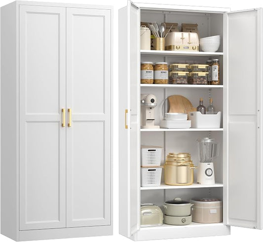 UNICOLY 71" Kitchen Pantry Cabinet, Metal Pantry Storage Cabinet with Doors | Tall Storage Cabinet with 4 Shelves, White Storage Cabinets for Kitchens, Living Room, Dinning Room, Assembly Required