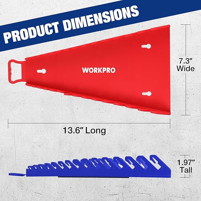 WORKPRO Magnetic Wrench Organizer, 15-Slot Gripper Wrench Holder | 2-Pack Wrench Rack for Tool Box, Fits SAE (1/4" to 1-1/16") and Metric (6mm to 27mm), Flexible Grips, Blue and Red