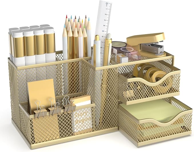 Mesh Desk Organizer with 2 Drawers, Metal Pen Holder for Desk, Gold | Versatile Storage for Pens, Notes, Clips, Desk Accessories and Office Supplies for School Office Classroom