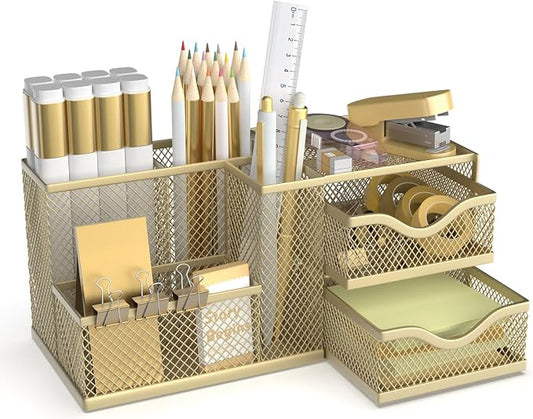 Mesh Desk Organizer with 2 Drawers, Metal Pen Holder for Desk, Gold | Versatile Storage for Pens, Notes, Clips, Desk Accessories and Office Supplies for School Office Classroom