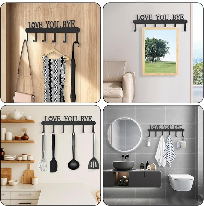 Key Holder for Wall - 'Love You Bye' Key Hooks, Black, 6 Hooks | Key Holder Wall Mount Self Adhesive, Key Rack Wall Mount for Wall No Drill for Living Room, Kitchen, Bathroom, Garage