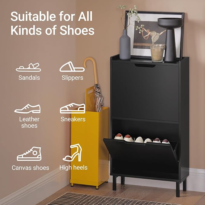 Haotian Slim Shoe Cabinet Entryway | Hidden Shoe Storage with Two Flip Drawers to Save Space, Freestanding Shoe Rack for Front Door, Entryway, Hallway (Black)