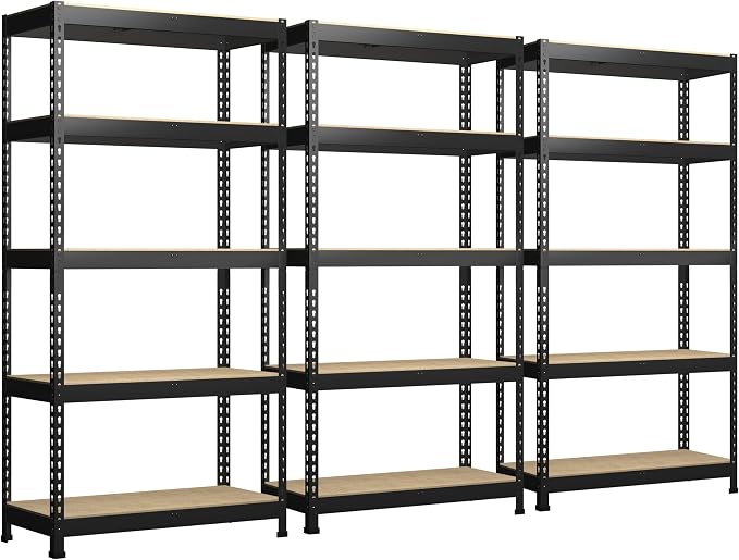 PrimeZone 71"H Storage Shelves, 5 Tier Adjustable Metal Shelf, 3 PCS, Black | 35.5"W x 15.75"D x 71"H, Heavy Duty Metal Connectors, FSC Wood Board, Easy Assembly, Standing Rack for Warehouse, Basement