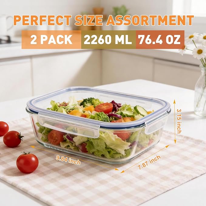 Liuruiyu 2 Pack 2260ml/76.4oz Glass Food Storage Containers with Lids, Meal Prep Containers, Airtight Bento Boxes with Leak Proof Locking for Microwave, Oven, Freezer and Dishwasher, BPA Free