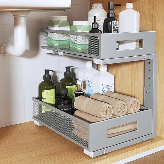Under Sink Organizer, 2-Tier Dual Pull Out Cabinet Organizer Drawers With Smooth Circular Rail,Large Capacity Metal Mesh Sliding Shelves For Bathroom& Kitchen Storage,Height Adjustable–Gun Gray,1 Pack