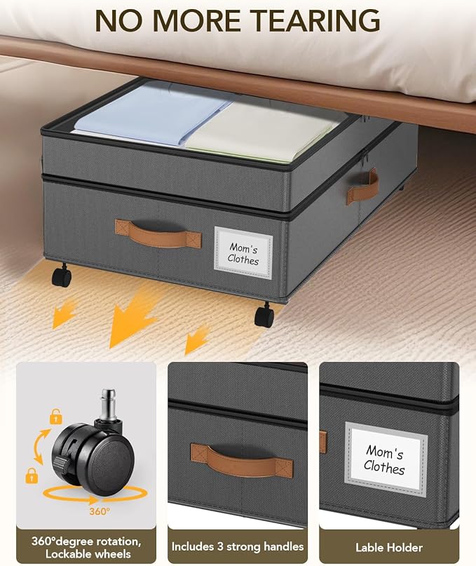 Under Bed Storage with Wheels, 10 inches Under Bed Storage Containers, 65L XXL Large Adjustable Underbed with Lids, Rolling Underbed Storage bins for Shoes, Clothes, Blankets, Grey
