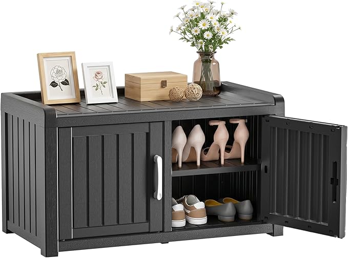 ROJIK Shoe Bench Waterproof UV-Resistant, 2-Tier Storage Cabinet for Outdoor Indoor with Adjustable Shelves, for Entryway Bedroom, Hallway, Living Room(Double Door Premium,Black)