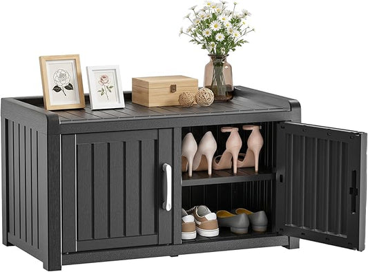 ROJIK Shoe Bench Waterproof UV-Resistant, 2-Tier Storage Cabinet for Outdoor Indoor with Adjustable Shelves, for Entryway Bedroom, Hallway, Living Room(Double Door Premium,Black)