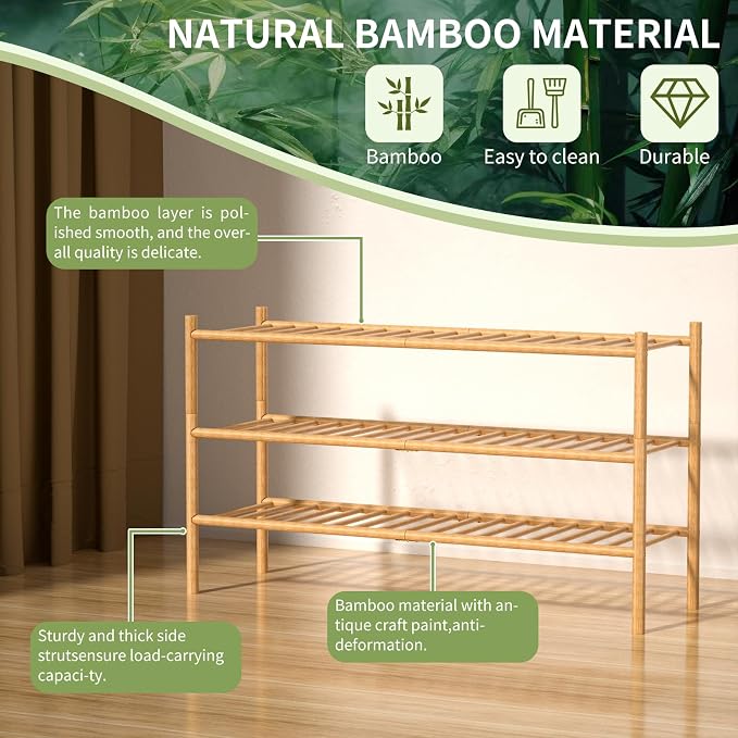 ROMGUAR CRAFT 3-Tier Bamboo Long Shoe Rack, Free Standing Wood Shoe Shelf Storage Organizer for Closet Entryway Stackable 35"x11"x20" (Natural)