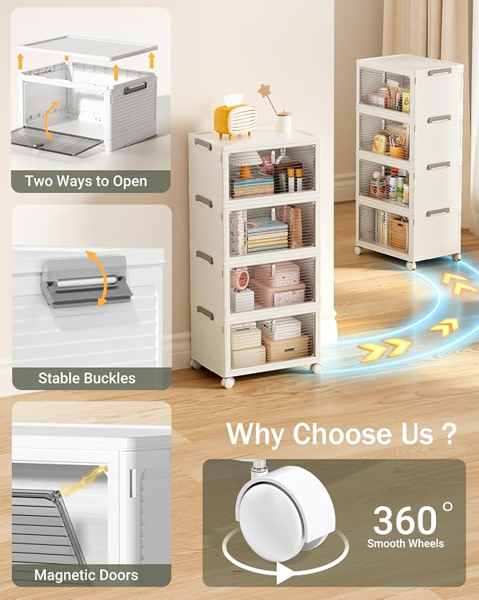 23QT Stackable Storage Bins with Lids and Wheels, 4 Tier 92QT Foldable Plastic Storage Drawers with Magnetic Doors, 4 Pack Collapsible Closet Organizer for Bedroom Office, White