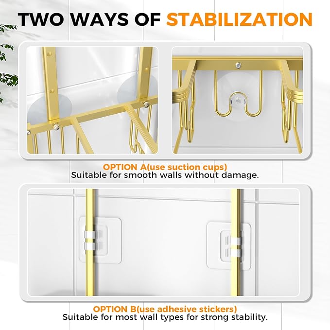 Adjustable Aluminum Shower Caddy Hanging for Handheld Showerhead, Gold | Rustproof Aluminum, Shower Organizer, Anti-Slip, Quick-Drain Shelf, 40lbs Capacity, Suction Cups, 8 Hooks, Razor Soap Holders