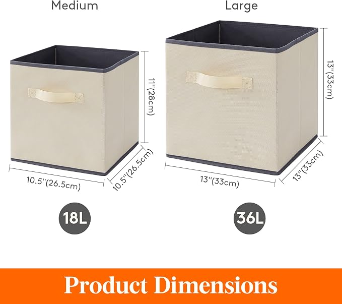 Lifewit Storage Cubes, Foldable Decorative Fabric Storage Baskets for Organizing Home Organizers with Handles for Shelves, Closet, 11 Inch Bins, 18L Beige, 6 Packs