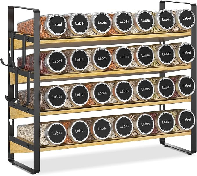 EsLuker.ly Spice Seasoning Rack Organizer Kitchen Countertop, 4 Tier Bamboo | Spice Shelf Holder Storage with 4 Hooks, Wall Mounted Freestanding Stand for Pantry, Quick Spice Access(Jars Not Included)