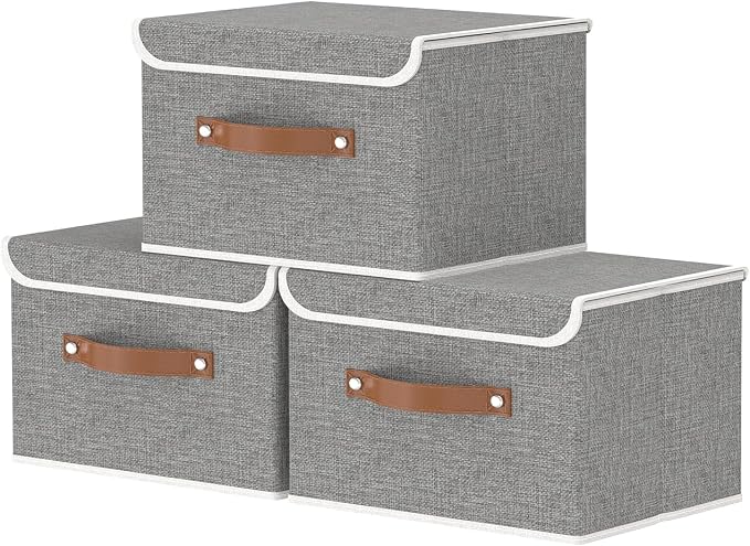 OUTBROS Storage Boxes, Bins with Lids, Grey, 3 Pack 10.2x7.9x6.7in | Cotton and linen cloth Storage Baskets with Handle, for Books, Closet, Bedroom, Home