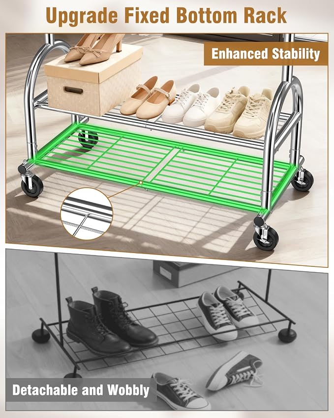EAGMAK Heavy Duty Clothes Rack for Hanging Clothes Load 556 LBS, Height Adjustable Rolling Clothing Racks, Portable Metal Coat Rack Garment Wardrobe with Wheels and Shelves for Bedroom Laundry, Silver