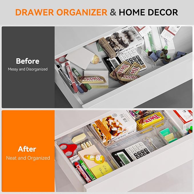 Criusia 8 Pack Drawer Organizer for Kitchen Gadgets, Large Clear Plastic Drawer Divider for Kitchen Accessories, Bathroom Organizers and Storage, Home Essentials for Makeup and Vanity Accessories