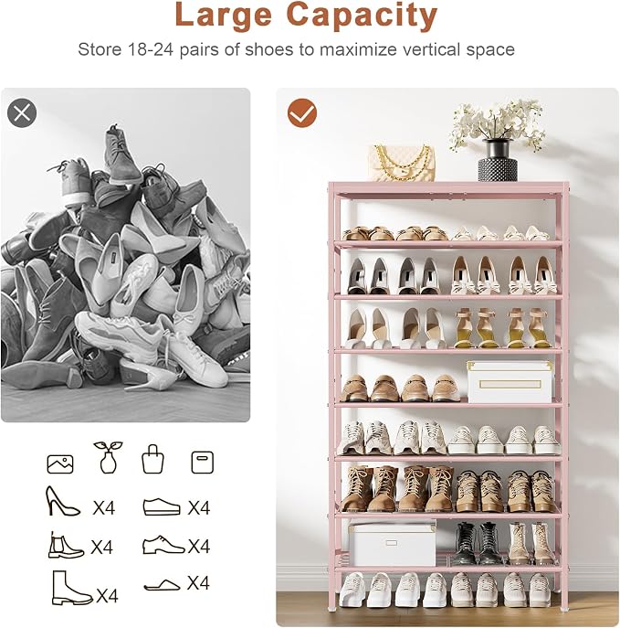 8 Tier Metal Shoe Rack with Wood Top, 24-32 Pairs Pink | 52in tall maximizes vertical space. 2 iron sheets for heels. Remove a layer for tall boots. Versatile for home.