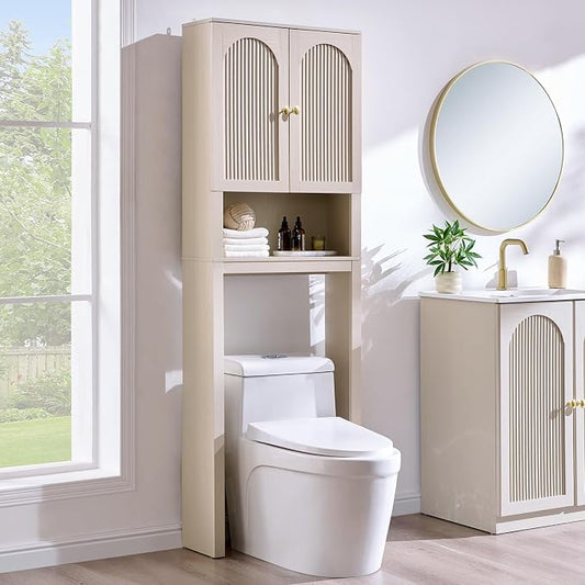 72" Over The Toilet Storage Cabinet, Modern Over Toilet Bathroom Organizer Shelf with Fluted Arched Doors, Wooden Free Standing Bathroom Storage Cabinet with Adjustable Shelf, Space Saver, Cream