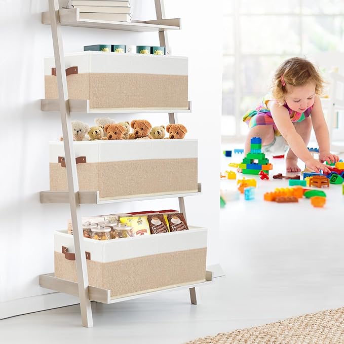 Closet Organizer Bins 3 Pack, Large Storage Bins for Shelves | Foldable Closet Storage Boxes Baskets with Leather Handles for Organizing Clothes, Sheets, Jeans, Toys, Books（Begie）