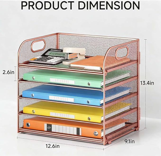 5 Tray Paper Organizer Letter Tray with Handle - Mesh Desk File Organizer, Paper Sorter Organizer for Office, Home or School File Folder Holder - Rose Gold