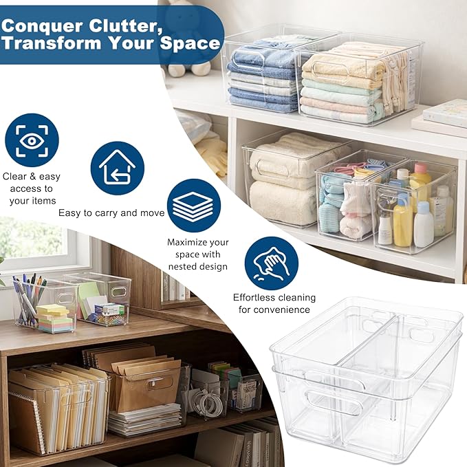 MOONEDGE 4 Pack Clear Plastic Organizer Bins, 2 Large & 2 Small Storage Set | Storage Bins for Pantry, Space-Saving Organizer Containers for Cabinets, Under-Sink, Bathroom, Kitchen, Freezer, Home Storage
