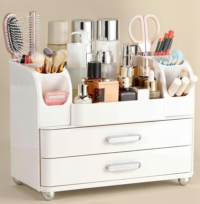 Large Makeup Organizer Countertop with Drawers, Make Up Organizer for Vanity, Makeup Storage Organizer Countertop Makeup Organizers for Skincare, All White