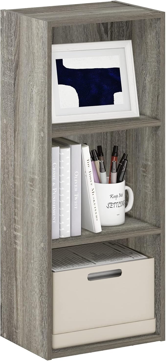 Furinno LUDER Book Shelf, 3-Cube Bookshelf, Bookcase with Open Shelves, 9.3 x 12 x 31.5, Easy Assembly, for Living Room, Bedroom, Home Office, French Oak