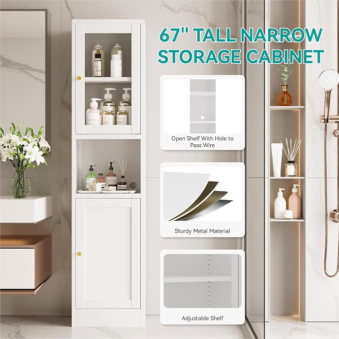 67" Tall Narrow Storage Cabinet with Glass Door and Open Shelf,Metal Pantry Cabinet with Adjustable Shelves,Shaker Style Slim Cabinet for Bathroom Kitchen Small Spaces, White, 1Pc