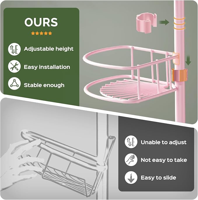 HAMITOR Corner Shower Caddy Tension Pole: 4-Tier Rust-Resistant Adjustable Bathroom Organizer Shelves - 47.72-123.6 Inch No-Drill Quick Installation - Space-Saving Storage for Renters Family - Pink