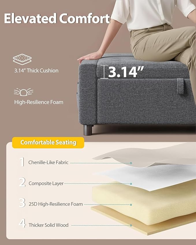 Amada 46" Ottoman with Storage, Side Pocket, Safety Hinge, Dark Gray | 30 gallon (112 liter) hidden storage, holds 400 lbs, 0.35" thicker wood panels, 3.14" thick foam, for end of bed, living room