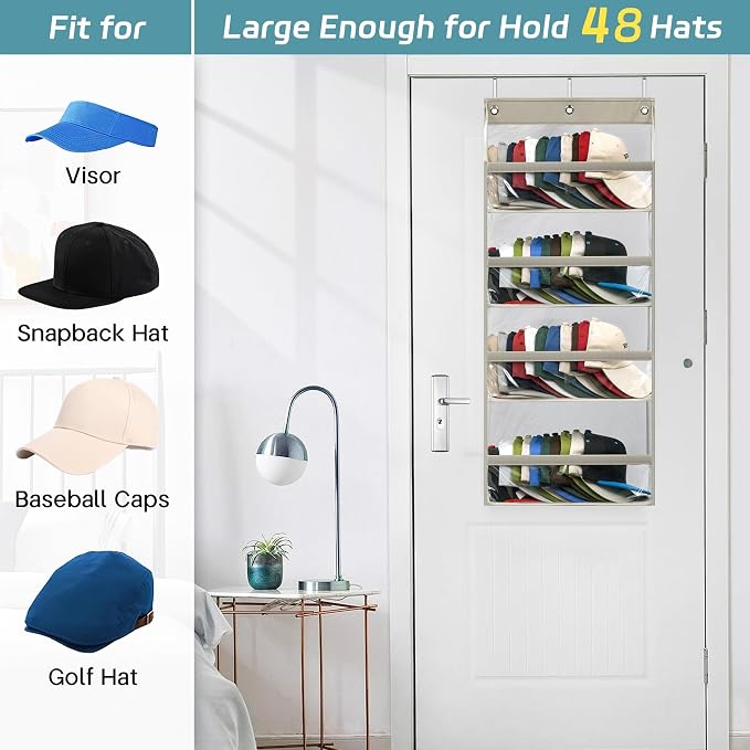 AOODA Clear Over the Door Hat Racks for Baseball Caps, Hold 48 Caps Hat Storage Organizer for Closet Wall, Deep Pockets Hanging Snapback Holder Shelves with 3 Hooks, Grey